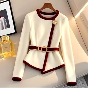 Elegant White and Red Women's Cardigan